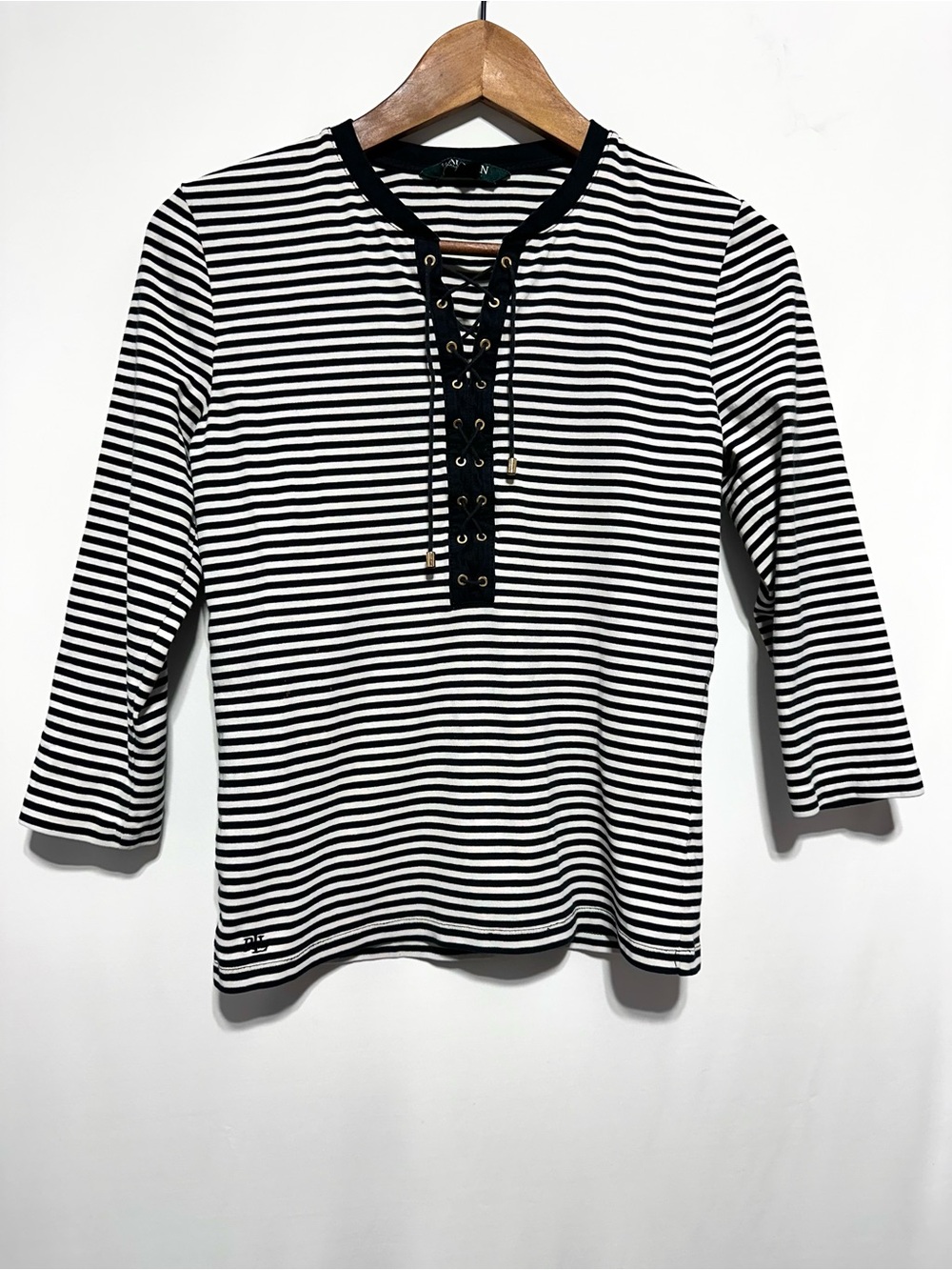 Lauren Ralph Lauren Dark Navy Blue White Striped Lace-Up Top Women’s M Nautical